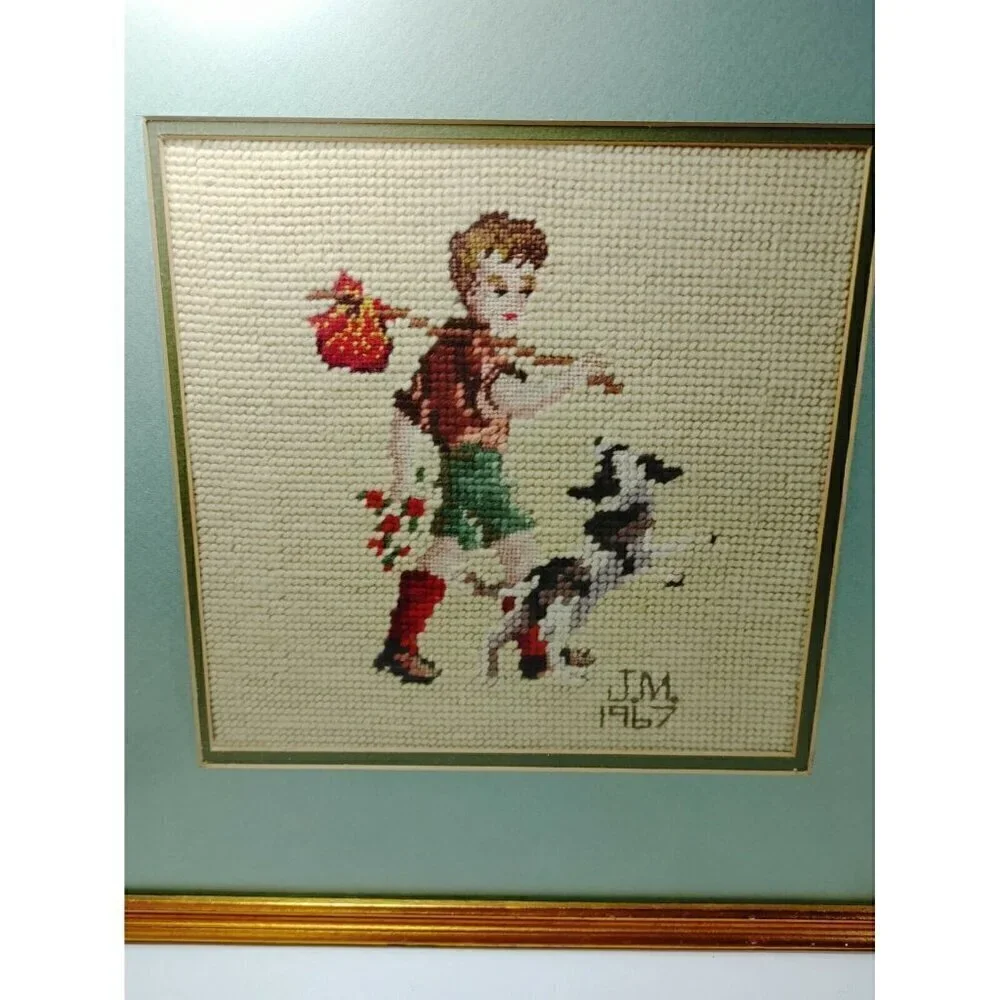 Boy Play with Dog Girl Walk with Umbrella Wall Hanging Frame Needlepoint Set 2